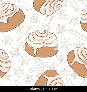 Modèle transparent avec des petits pains à la cannelle et d'épices. Des pâtisseries fraîchement préparées avec du glaçage et d'épices. Vector illustration. Illustration de Vecteur