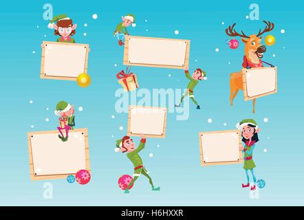 Lutin de Noël Rennes Groupe Personnage Santa Helper signe vides en bannière Conseil télévision Set vector Illustration Illustration de Vecteur