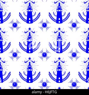 Modèle sans couture avec Phare en néerlandais tile blue style vector Illustration de Vecteur