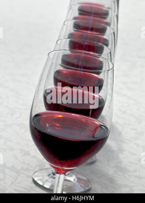 Dégustation de vin rouge raffinée dans une situation formelle avec une ligne de verres à vin rouge sur la table prêts pour la session de dégustation Vins vieillis Horizontal & Vertical Années dégustation Banque D'Images