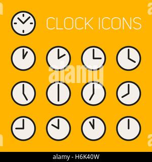 Ensemble de treize Vector Art ligne minimaliste noir et blanc géométrique de l'horloge ronde Icons Illustration de Vecteur