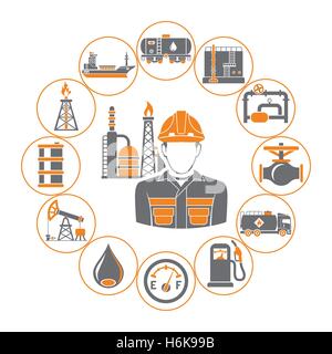 L'extraction de l'industrie pétrolière et la production d'huile et d'essence transport Concept deux icônes de couleur ensemble avec personnalité, l'age, et de barils. Je Illustration de Vecteur