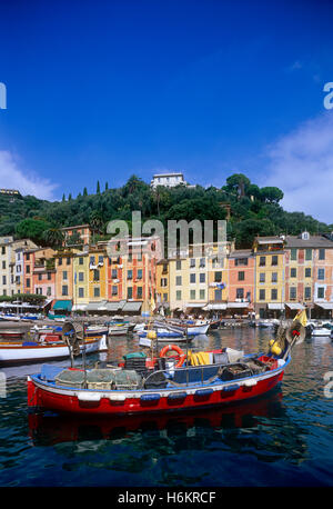 Les bateaux de pêche amarrés dans le port de Portofino, côte Ligure, Italie Banque D'Images