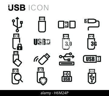 Vector icons set usb ligne noire sur fond blanc Illustration de Vecteur