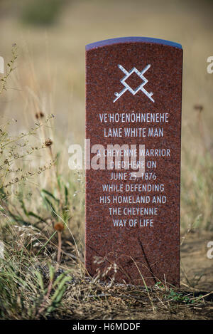 Pierre tombale d'un guerrier Indien Cheyenne, Little Bighorn Battlefield National Monument, Montana USA Banque D'Images