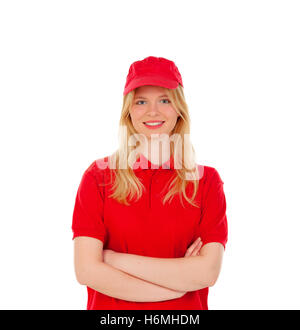 Jeune femme blonde habillée avec concessionnaire uniforme rouge isolé sur fond blanc Banque D'Images