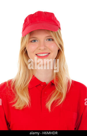 Jeune femme blonde habillée avec concessionnaire uniforme rouge isolé sur fond blanc Banque D'Images