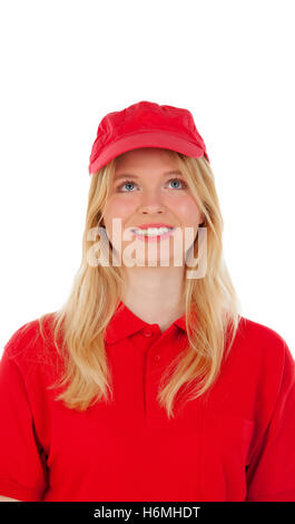 Jeune femme blonde habillée avec concessionnaire uniforme rouge isolé sur fond blanc Banque D'Images