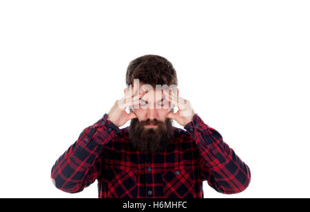 Beaux hommes avec longue barbe couvrant les oreilles isolé sur fond blanc Banque D'Images