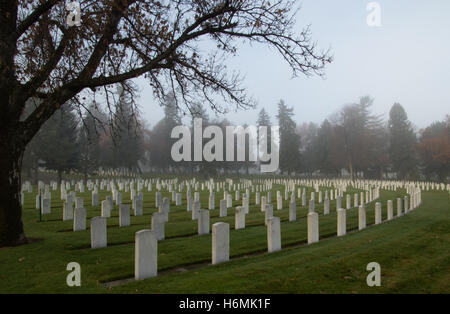 Une vue de l'arc électrique des rangées de pierres tombales blanches des soldats, marins et aviateurs canadiens dans un cimetière des anciens combattants couverts de brouillard Banque D'Images