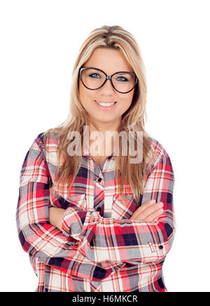 Cute blonde fille avec chemise à carreaux et verres isolé sur fond blanc Banque D'Images