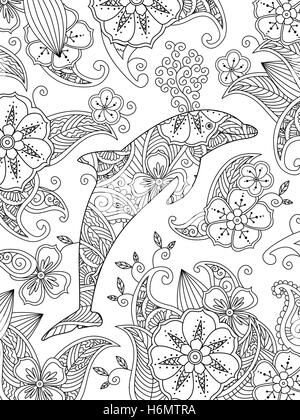 Coloriage avec un dauphin sautant sur fond floral. Illustration de Vecteur