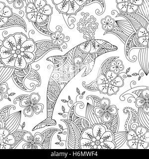 Coloriage avec un dauphin sautant sur fond floral. Illustration de Vecteur