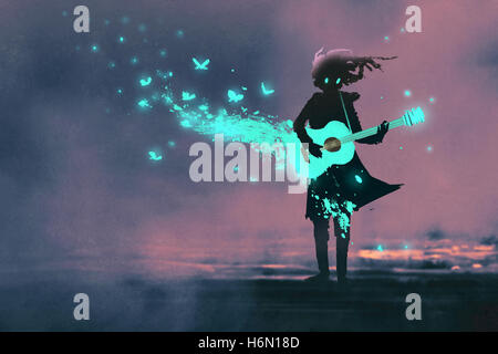 Fille jouant de la guitare avec une lumière bleue et glowing butterflies,illustration peinture Banque D'Images