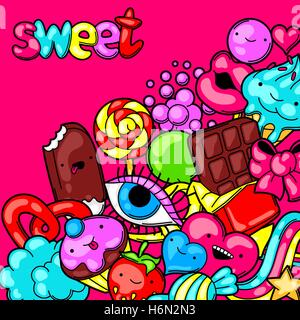 Fond Kawaii avec des bonbons et des sucreries. Crazy sweet-trucs dans le style cartoon Illustration de Vecteur