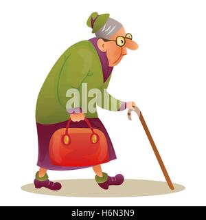 Drôle de dame âgée avec des lunettes. Grand-mère avec un bâton et un sac. Vieille dame voûtée avec une canne. Vector cartoon coloré mauvais Illustration de Vecteur