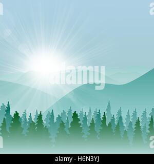 Arrière-plan de la forêt de sapins et de montagnes, et soleil du matin avec des rayons. Illustration de Vecteur