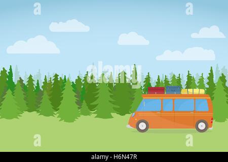 Bus de la famille, voyageant sur la nature, avec la forêt, les nuages et l'herbe. Illustration de Vecteur