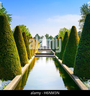 Dans le Keukenhof jardin, couvertures coniques et conduites d'eau et piscine fontaine. Aux Pays-Bas, l'Europe. Banque D'Images