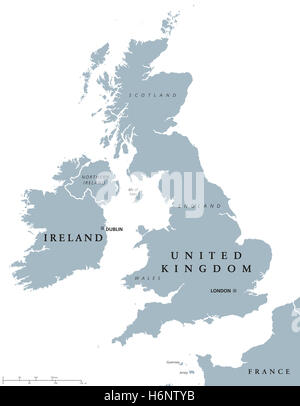 L'Irlande et Royaume-Uni carte politique avec les capitales Dublin et Londres et avec les frontières nationales. Gris illustration. Banque D'Images