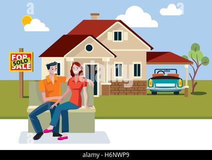 Jeune couple à l'extérieur de leur nouvelle maison avec vendus signe. Illustration de Vecteur