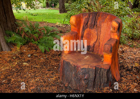 Banc en bois sculpté de cèdre rouge de l'arbre en Park-Victoria de Beacon Hill, en Colombie-Britannique, Canada. Banque D'Images