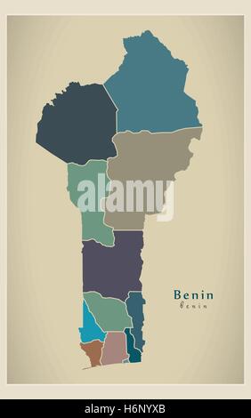 Carte moderne - Bénin BJ de couleur avec les ministères Illustration de Vecteur