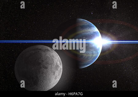 Lens-flare avec la lune et de la terre Banque D'Images