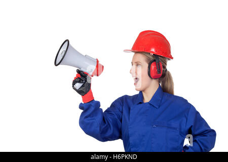 Travailleur industriel, femme avec un mégaphone isolé sur fond blanc Banque D'Images