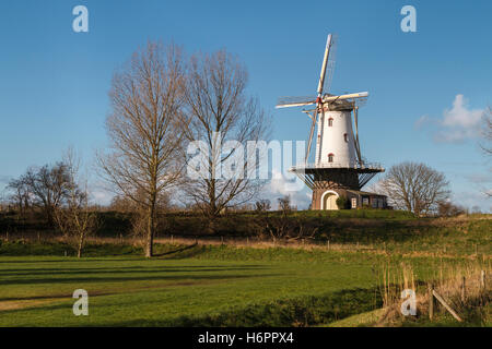 Vieux moulin à Veere debout dans la lumière du soleil d'hiver sous des polders. Banque D'Images