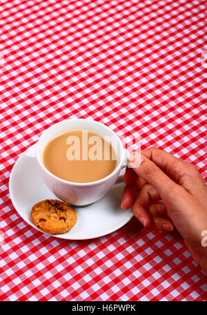 Femme-chers-filles part tremper un biscuit cookie dans d'une tasse de thé chaud avec une croix rouge et blanc tissu table vérifiées Banque D'Images