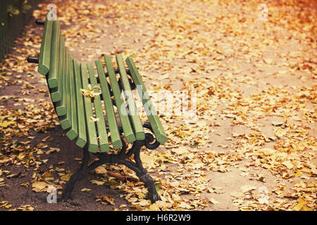 Banc en bois vert vide se dresse sur la route de marche du parc d'automne jaune avec les feuilles tombées. Retro photo stylisée à des tonalités Banque D'Images