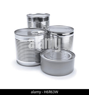 Aliment alimentaire argent isolé boite métal aluminium aluminium peuvent fermer aliment alimentaire objet sonnerie couleur isolé quatre gros plan Banque D'Images