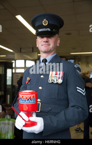 Leyton, UK. 1er novembre 2016. RAF - Cpl Sean Povey, RAF Halton assiste au lancement de Londres Journée du coquelicot dans Leytons Banque D'Images