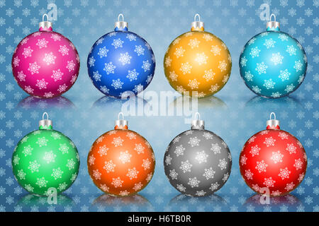 Jeu de boules multicolores avec Motif flocon pour fêtes de Noël et du Nouvel An. 3D illustration. Banque D'Images