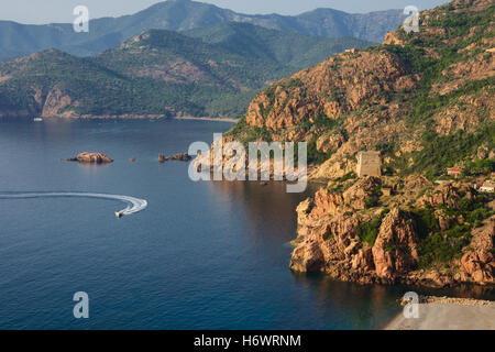 Vue sur le golfe et le port de Porto, en Corse, France Banque D'Images