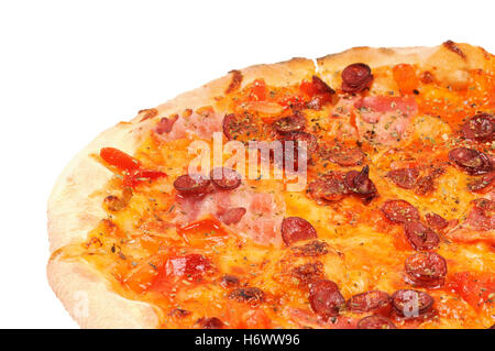 Aliment alimentaire gourmet pizza saucisse pâtisserie coupe plat italien Repas Déjeuner Dîner Souper fromage jambon croûte tomate bacon international Banque D'Images