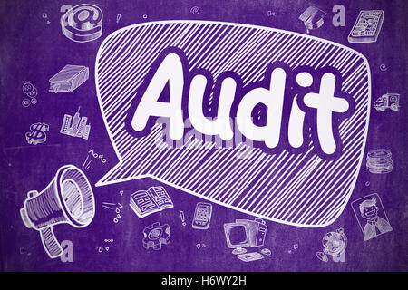 Audit - Cartoon Illustration sur tableau noir pourpre. Banque D'Images