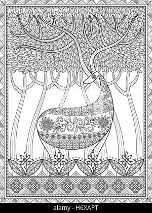 Coloriage adultes élégant, le chevreuil avec de grands bois dans la forêt, belle et mystérieuse forêt, stress relief coloriages pour Illustration de Vecteur