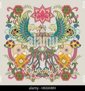 Aigle majestueux coloriage adultes, open wings eagle avec éléments de décoration florale Illustration de Vecteur