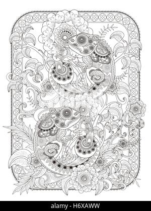 Coloriage adultes caméléon caméléon, belle buddies sur les plantes, stress relief pour colorier la page Illustration de Vecteur