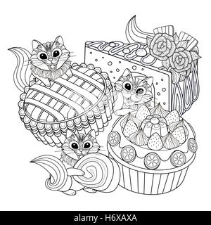 Coloriage adultes pâtisseries, de délicieux en-cas pour la page de coloration. Petit Écureuil ou cat bénéficient d'après-midi. Illustration de Vecteur