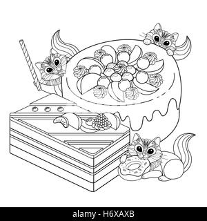 Coloriage adultes pâtisseries, de délicieux en-cas pour la page de coloration. Petit Écureuil ou cat bénéficient d'après-midi. Illustration de Vecteur