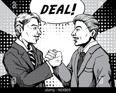 Retro deux hommes conviennent de faire une affaire et de secouer les mains les uns avec les autres, de style bande dessinée bulle, pop art, noir et blanc Illustration de Vecteur