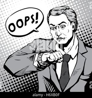 Jeune homme rétro avec un visage choqué et regarde sa montre, style bande dessinée bulle, pop art, noir et blanc Illustration de Vecteur