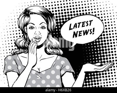 Retro femme dit journaliste des Nouvelles Dernières nouvelles, comic book style bulle, pop art, noir et blanc Illustration de Vecteur