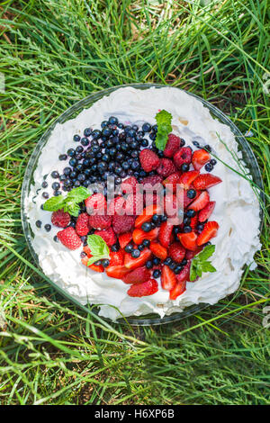 Pavlova aux fruits rouges et les fruits se dresse sur l'herbe. Banque D'Images