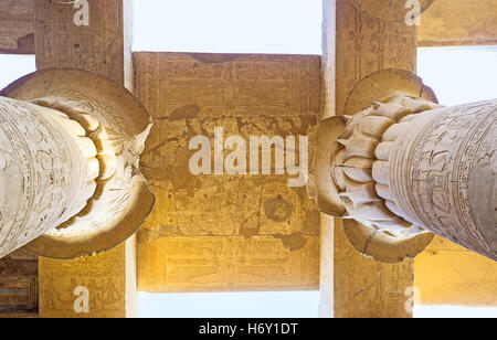 Les capitales des colonnes ornées de motifs sculptés floraux, Kom Ombo Temple, l'Égypte. Banque D'Images