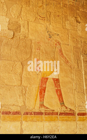 Allégement colorés d'Anubis, le protecteur des morts et de l'embaumement, dieu des funérailles et de la mort, Temple Hatshepsut, Luxor, Egypte Banque D'Images