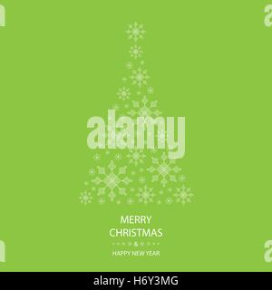 En forme d'arbre de Noël à partir de flocons blancs sur fond vert avec du texte blanc graphiques Joyeux Noel et Bonne Année Illustration de Vecteur